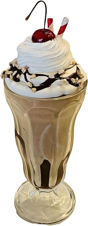 Fake Milkshake Handmade Artificial Milkshake with Whipped Cream, Cherry & Straws in Tall Plastic Parfait Glass for Bakery & Cafe Display Handmade (Chocolate)