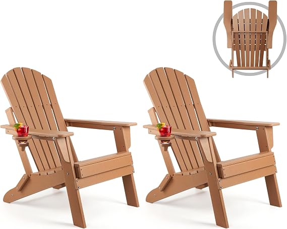 FUNBERRY Adirondack Folding Chair Set of 2, Fire Pit Chairs with Cup Holder | HDPE All Weather, Quick-Folding, No Rot or Rust or Crack, UV Fade Shield, 400LBS Weight Capacity, Easy-Clean for Outside