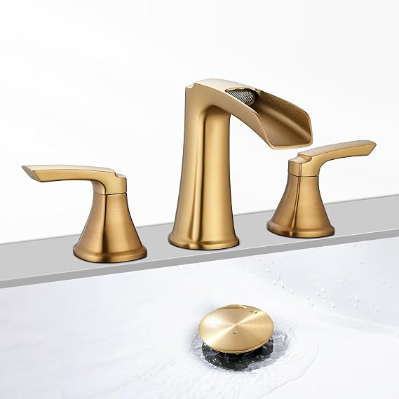 Waterfall Bathroom Faucet 3 Holes Brushed Gold Basin Faucet 3 Hole 8 Inch Wide Bathroom Faucet Two Handle Basin Faucet with Pop Up Drain Assembly and