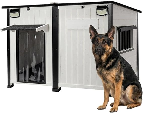 55" L Large Wooden Dog House Outdoor, Heavy Duty Weatherproof Kennel with Asphalt Roof, Motion Sensor Light & Chew-Proof Waterproof Mat, for Medium Large Dogs Up to 220 lbs