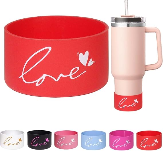 GENLEAS Letter Love Print Protective Silicone Boot for Stanley Quencher Tumbler 30oz/40oz for Hydro Flask Water Bottle 12oz-24oz and More Tumbler, Letter Print Anti-Slip Sleeve Cover(1Red)