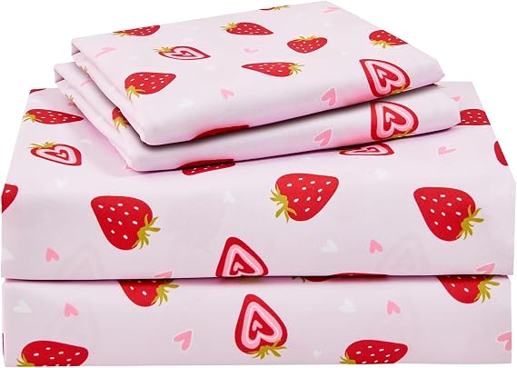 lasoftan Pink Strawberry Printed Kids Sheet Set Twin Size, 3 Pcs Breathable & Silky Soft Microfiber Kids Fitted Sheet, Bed Sheets with 15" Deep Pocket for Boys and Girls