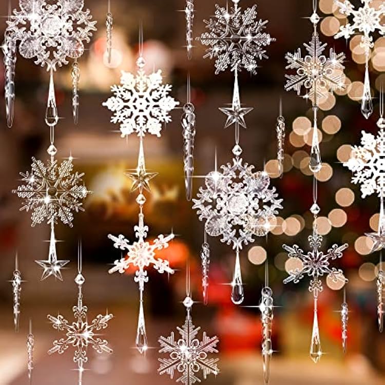 30 Pcs Christmas Crystal Snowflake Decorations - 12 Drop Ornaments With 18 Acrylic Icicles for Christmas Tree - Decorative Hanging Ornaments Vivid Style