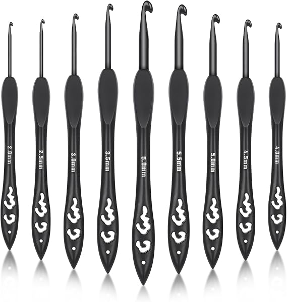 Katech 9 Sizes Crochet Hooks, Ergonomic Soft Grip Aluminum Crochet Hook Set | Black Plastic Crochet Needles for Arthritic Hands-Unique Handle, Ideal Crochet Gift for Beginners & Adults 2.0mm(B)-6.0mm(J)