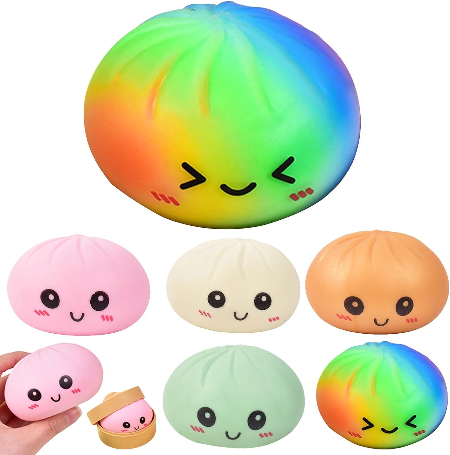 Giant Glitter Dumpling Squeeze,Squishy Dumpling Toy,Cute Rainbow Dumplings Buns Bao With Steamer Box,Squishy Balls,Soft Dough Toy Party Favors For Adults Kids,Birthday Xmas Gifts (C5)