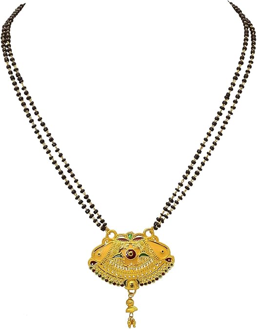 Jewar Mangalsutra Indian Bollywood Wedding Bridal Traditional Handmade Meena Work Gold Plated Temple Pendant Symbolic Tanmaniyam Nallapusalu Black Beads Bollywood Faux South Indian Jewelry Women