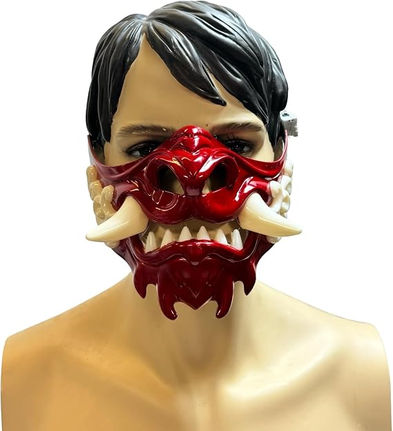 Japanese Monster Hannya Mask Guardian Lion Demon Oni Samurai Half Face Shield (Black) Light Up Mask