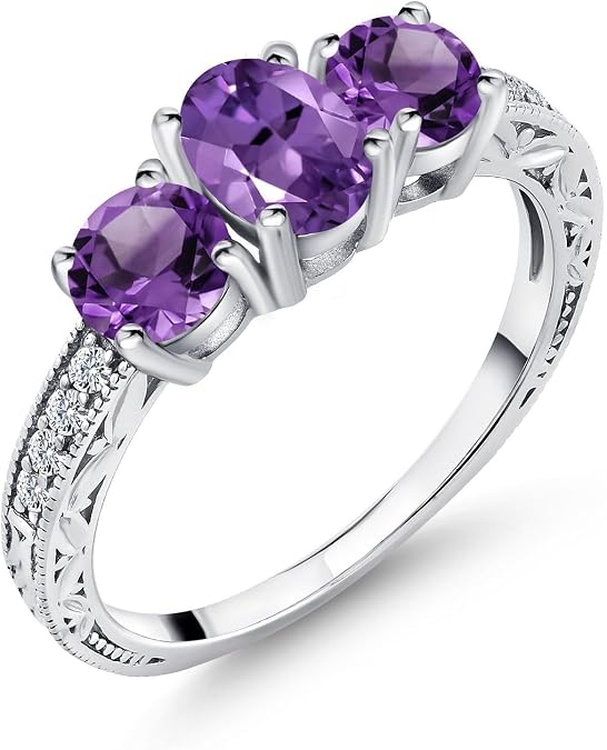 Gem Stone King 1.77 Ct Amethyst 3-Stone Engagement Ring For Women