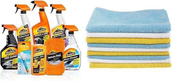 Armor All Premier Car Care Kit, Includes Car Wax & Wash Kit, Glass Cleaner, Car Air Freshener, 8 Pieces & Amazon Basics Microfiber Cleaning Cloths - Pack of 24, 12 x16-Inch, Blue, White and Yellow