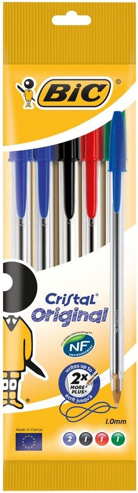 BIC Cristal Original Ballpoint Pens Medium Point (1.0 mm) a Assorted Colours, Pouch of 5