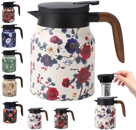 Vintage Floral Teapot with Built-in Infuser, Stainless Steel Thermal Carafe