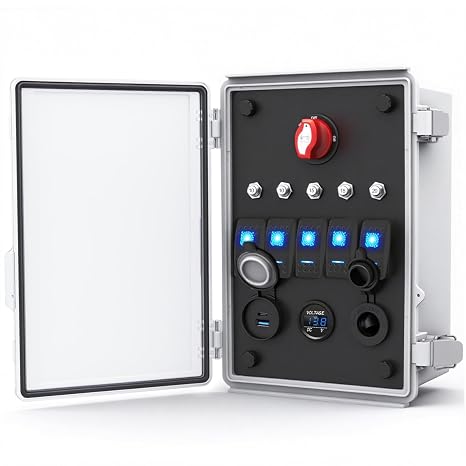 12V Rocker Switch Waterproof Box 5 Gang LED Toggle Switch Panel Multiple Electrical Power Outlet Ports with Breaker LED Voltmeter Battery Disconnect Switch for Automotive Marine RV Truck Boat