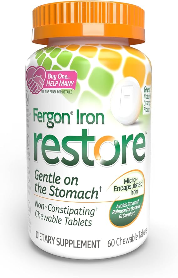 Fergon Iron Restore Chewable Tablets - Gentle on Stomach, Non-Constipating - 27mg Iron for Energy Support 60 Tablets