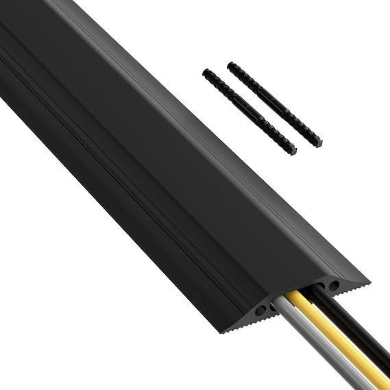 D-Line 1.8m Floor Cable Protector, Linkable, Cover Trailing Cables, Prevent, Trips and Falls, Ribbed Non-Slip Base - 30mm (W) x 10mm (H) Cable Cavity - 1.8m Length - Black