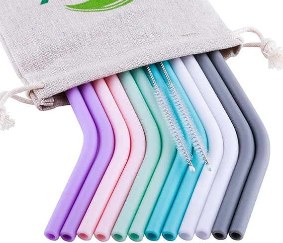 Reusable Straws Silicone Drinking Straws LFGB Approved 12 pcs 10" Extra Long Regular Size for 30/20oz Yeti/Ozark/Rtic Tumblers+2Pcs Brushes+ 1 Linen Pouch