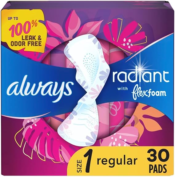 Always Radiant Feminine Pads for Women, Size 1 Regular Absorbency, with Flexfoam, with Wings, Scented, 30 Count