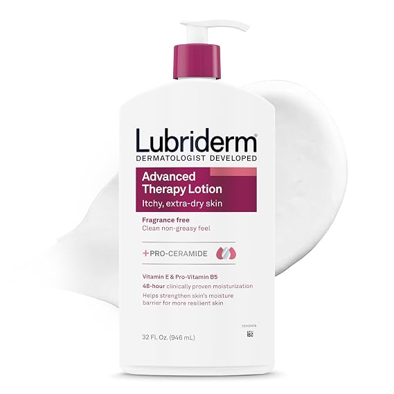 Lubriderm Advanced Therapy Hand & Body Lotion, Fragrance Free, 32 fl. oz | Moisturizing Lotion + Pro-Ceramide with Vitamins E & Pro-Vitamin B5, Intense Hydration for Extra Dry, Itchy & Sensitive Skin