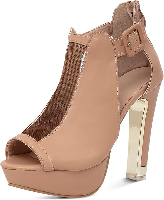 GATUXUS Women's Block Heels Cutout Ankle Booties Peep Toe Back Zipper High Heeled Sandals Dress Shoes