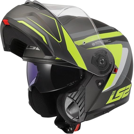 LS2 STROBE 2 Phantom Mat Titanium-Neon Sarı Kask, ECE 22.06 P/J Sertifikalı Çene Açılır Modüler Kask, KPA Kabuk, Dahili Güneş Vizörlü, Gözlük Uyumlu