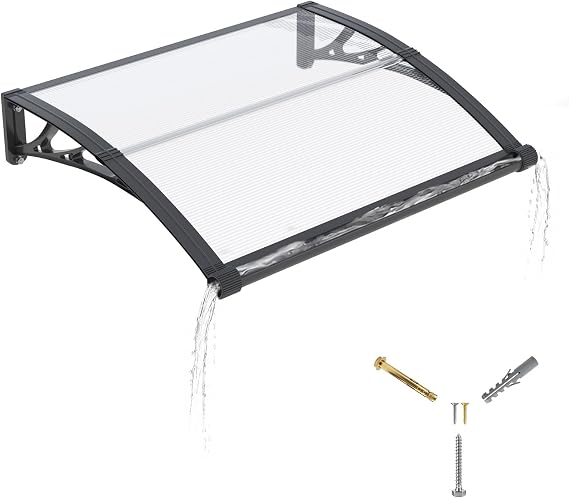 Door Canopy Outdoor Awning with Drainage,200x100 cm Polycarbonate Rain Shelter with ABS Brackets,Polycarbonate Sheet,UV,Snow Protection for Porch,Front Door, Patio, Window, Deck