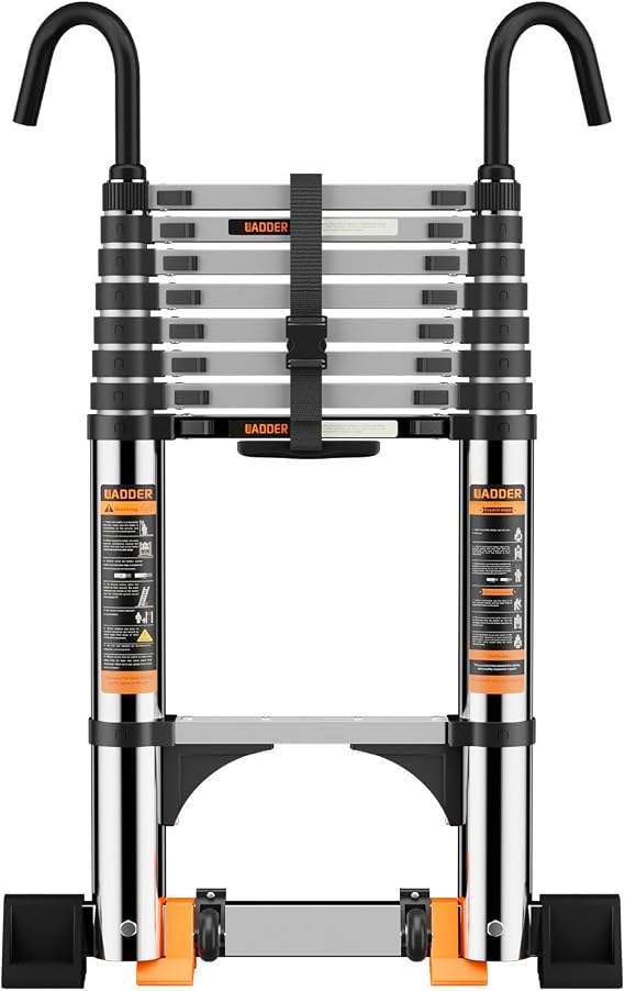 Telescopic Ladder,3.2M Stainless Steel Loft Ladder,collapsible ladder | Thickened High-Strength telescopic loft ladder with Stabilizer Bar and Hooks,Ladders Extendable for Roof Attic Caravans
