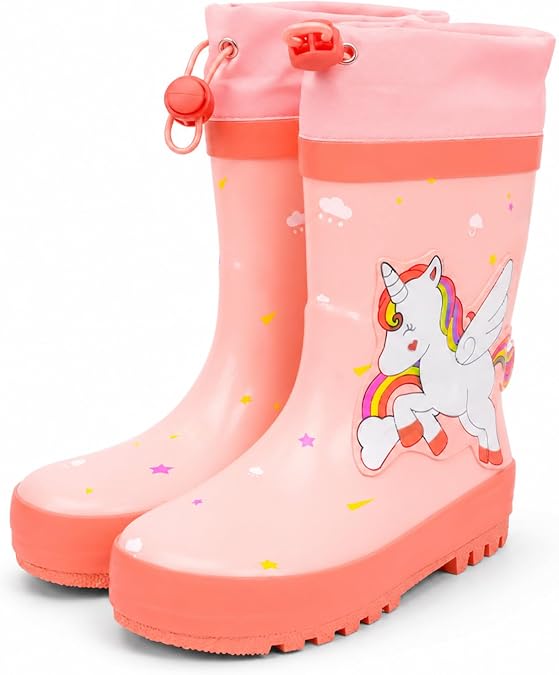 Kids Rubber Rain Boots with Adjustable Drawstring