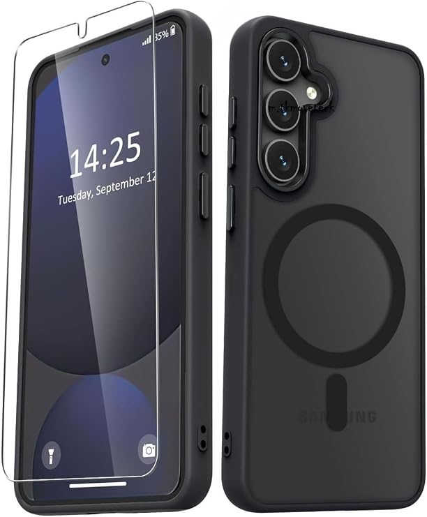 CONSTRAIN - Samsung Galaxy S25 FE ile uyumlu Kılıf Mat Magsafe ile uyumlu Şarj Özellikli Renkli Kenarlı + Ekran Koruyucu Cam Set - Siyah