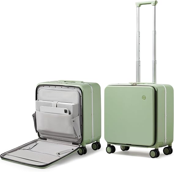 mixi Carry On Luggage, 18 Suitcase with Front Pocket, Travel Luggage Aluminum Frame PC Hardside with Spinner Wheels & TSA Lock and Cover (Not for Underseat), Avocado Green