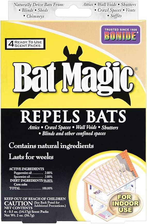 Bonide Bat Magic Bat Repellent, Pack of 4 Ready-to-Use Peppermint Oil Scent Packs for Long Lasting Indoor Bat Control | Ready-to-Use, Peppermint Oil Scent Packs, Long Lasting, Indoor Bat Control