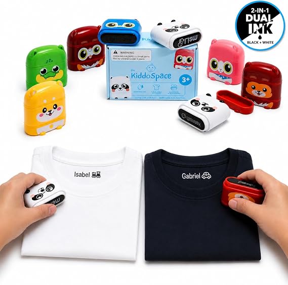 KiddoSpace Name Stamp for Clothing Kids Waterproof - KiddostampTM Double Sided (White + Black Ink) Name Stamp for Labeling Child Belongings - Personalised Clothing Stamps - Kids Clothes Labeling