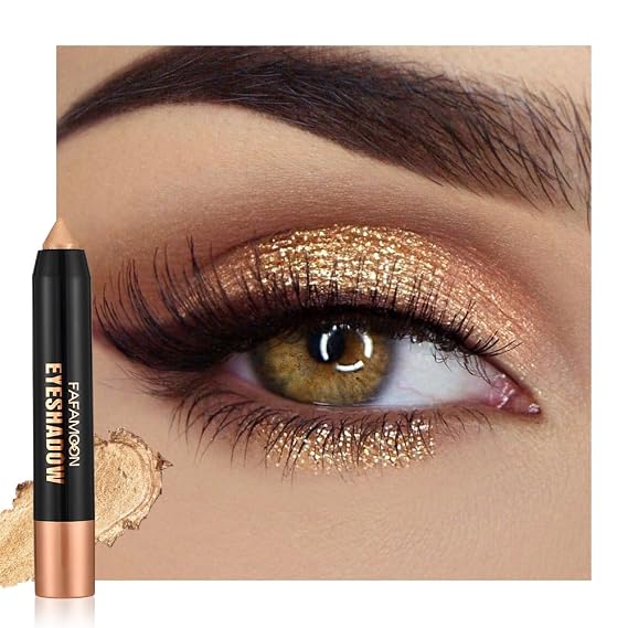 FeiCuiYun Monochrome Cream Glitter-Shimmer Eye Shadow Stick Palette makeup | 2-in-1 Eyeshadow & Eyeliner Pencil for Women | Waterproof, Vegan & Cruelty-Free | Sombras Para Ojos | 01 Shimmer Light Gold