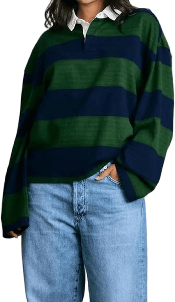 Women Striped Rugby Polo Shirt Y2k Oversized Lapel Collared Pullover Tops Loose Fit Button Up Long Sleeve Shirts