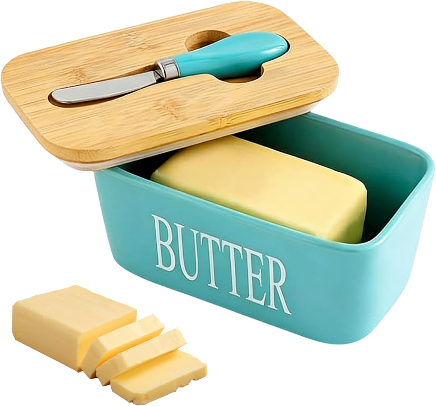 Butter Dish with Lid, Ceramic Butter Dish with Bamboo Lid & Stainless Steel Knife Airtight Butter Keeper for Counter or Fridge, Double Silicone Seal, 350 ML (Green)