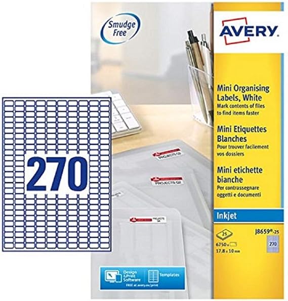 Avery J8659-25 Printable, customisable Mini Filing Labels, 270 Labels Per A4 Sheet, White