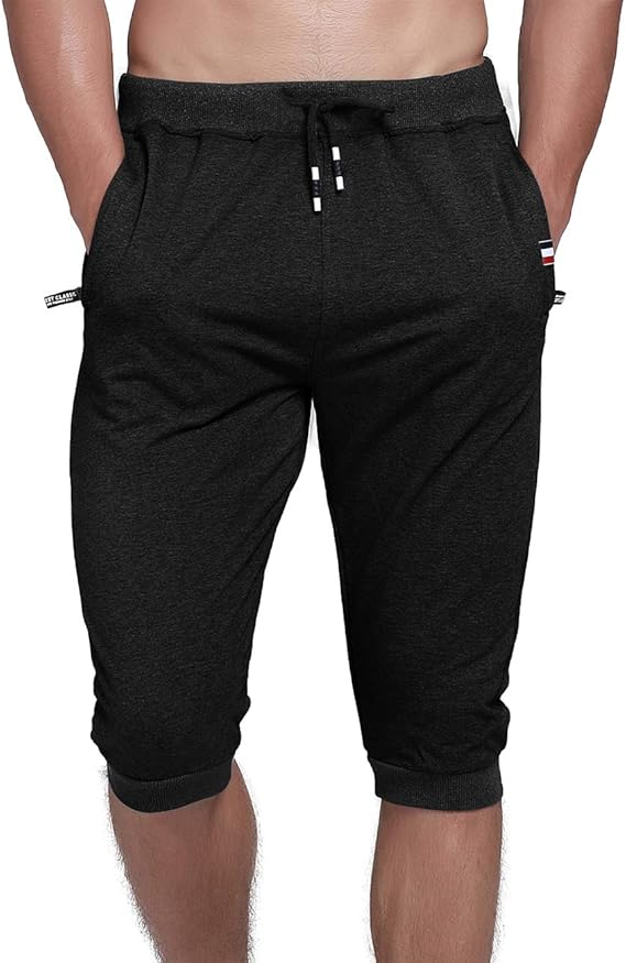 YSENTO Men's Cotton Casual 3/4 Jogger Running Capri Pants Below Knee Gym Workout Shorts Zipper Pockets