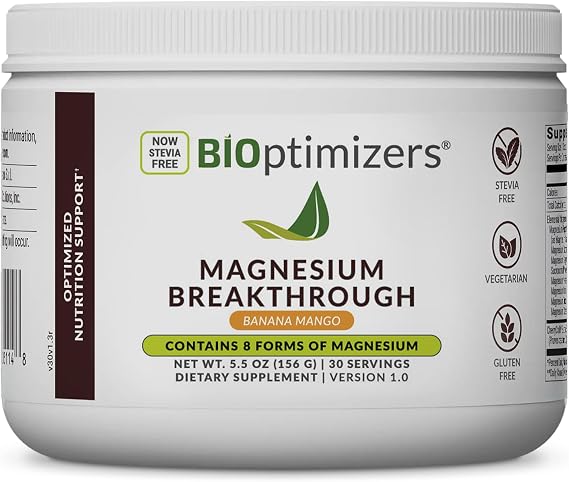 BIOptimizers Magnesium Drink, 8 Forms of Magnesium Banana Mango 30 Servings