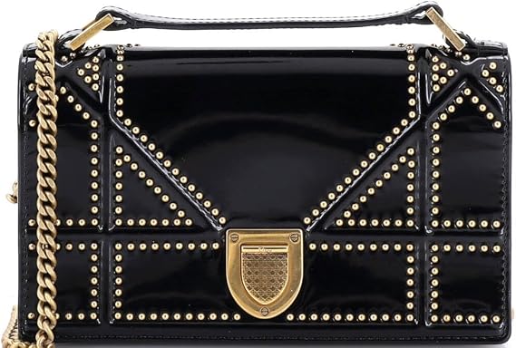 Pre-Loved Diorama Chain Flap Clutch Studded Patent, Black