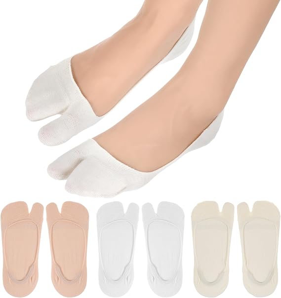 3 Pairs Tabi No Show Socks, Tabi Socks No Show for Flip Flop Sneaker Loafer Boat Shoes Flats (Beige, White and Skin Color)