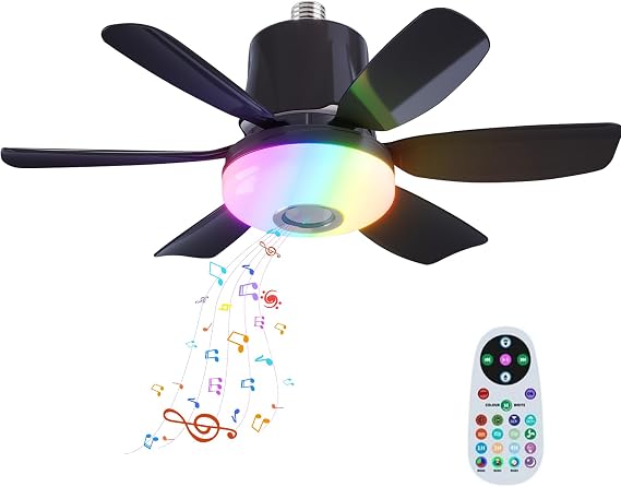 Ceiling Fan with Lights and Remote,32W E27 RGB LED Ceiling Fan Light with Bluetooth Music Player,3 Speeds,3 Colors,6 Blades and Remote Control Support RGB Colours, Music Player for Home Room (Black) [Energy Class A]