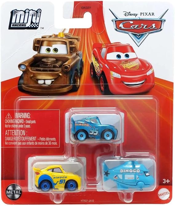 Disney Cars Mini Racers 3 Pack Sponsored by Dino Rotor Turbosky, Dinoco Cruz Ramirez, Dinoco Lightning McQueen