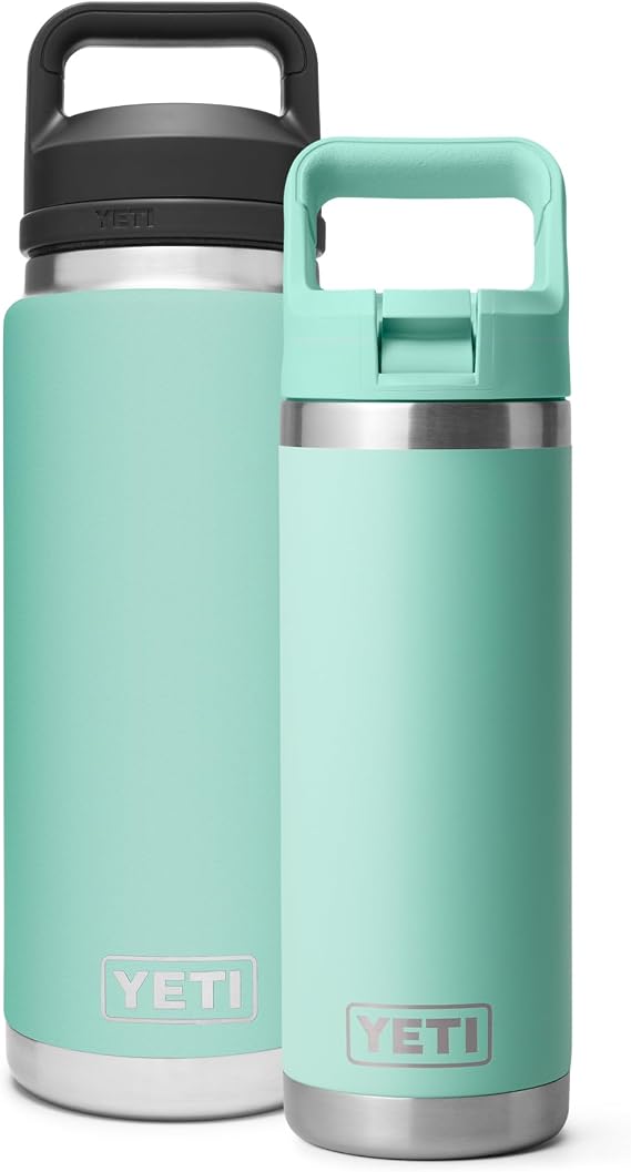 YETI Rambler 18 oz Bottle with Color Matching Straw Cap and Rambler 26 oz Bottle with Chug Cap, Vacuum Insulated, Stainless Steel, Seafoam