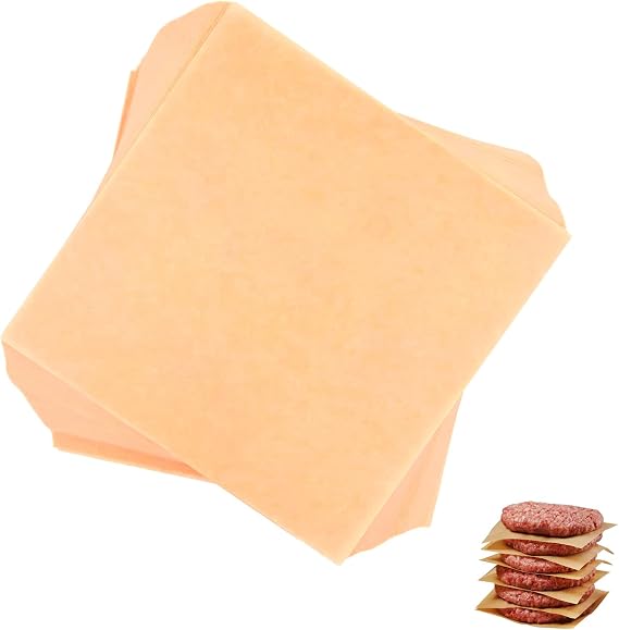 200Pcs 6" x 6" Unbleached Parchment Paper, Burger Patty Paper, Non-Stick Squares Wax Paper Sheets for Seperating Patty, Cookies, Baking, Wrapping Candies Brown