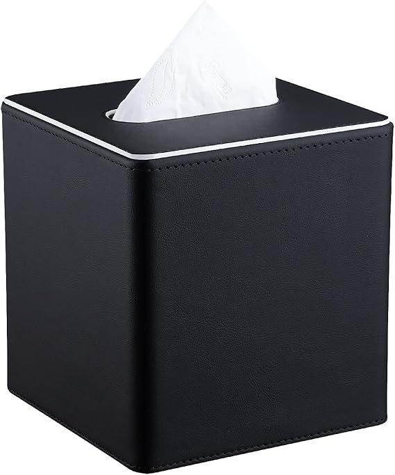 Leather Tissue Box Cover Square Modern PU Leather Tissue Holder, Cube Tissue Dispenser for Home, Office, Bedroom, Bathroom Elegant Minimalist Style (Black-Square)