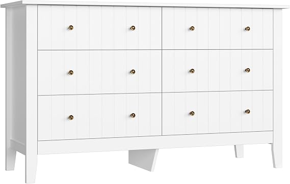 FOREHILL White Chest of Drawers with 6 Drawers 133cm Large Sideboard Wooden