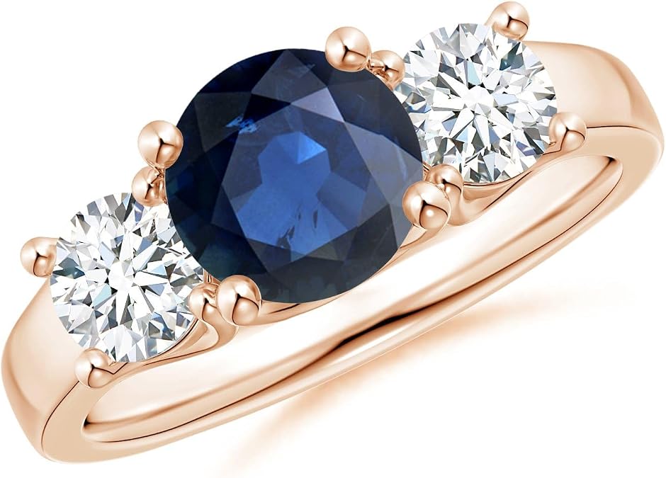 Angara Natural Blue Sapphire Ring for Women | Classic Round Sapphire and Diamond Three Stone Ring in 14K Solid Gold/Silver/Platinum | September Birthday, Anniversary, Gemstone Jewelry Gift