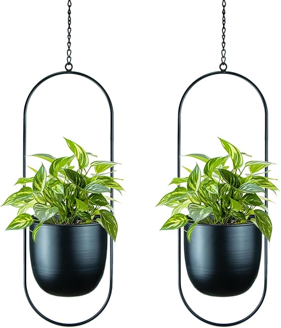 Modern Metal Hanging Planters with 6 Inch Pots and Sturdy Rods - Set of 2 Oval Geometric Plant Hangers - Black Wall and Ceiling Mount Flower Holders for Indoor and Houseplants