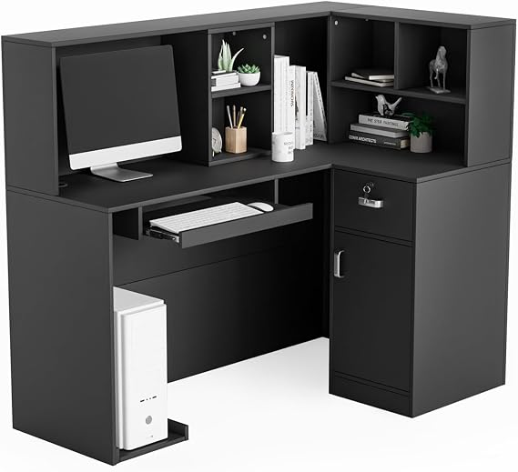 Modern Reception Desk, Moveable Shelves and Lockable Drawers, Retail Checkout Counter Table, for Lobby Beauty Salon Office (Black)