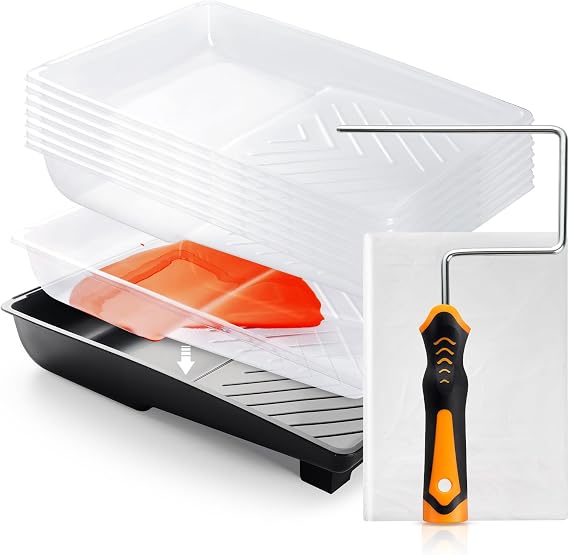 6 inch 11 Pc Paint Tray Kit with Frame & Drop Cloth | Disposable Tray Liners, 6 Inch Roller Frame, and 9x12 Ft Plastic Drop Cloth, Ideal for Walls, Ceilings, and Floor Protection