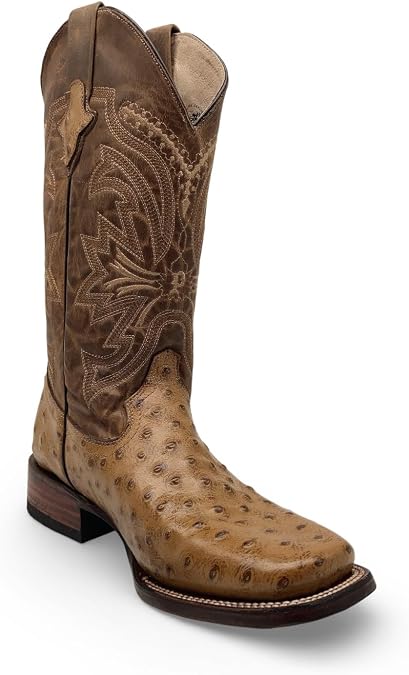 Mens Leather Cowboy Boot Square Toe Embossed Ostrich Print Western Boot