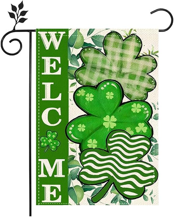 St Patricks Day Garden Flags for Outside Spring Garden Flags 12x18 Double Sided, Spring Clover Welcome Yard Flags for Saint Patrick Farmhouse Outdoor Decor